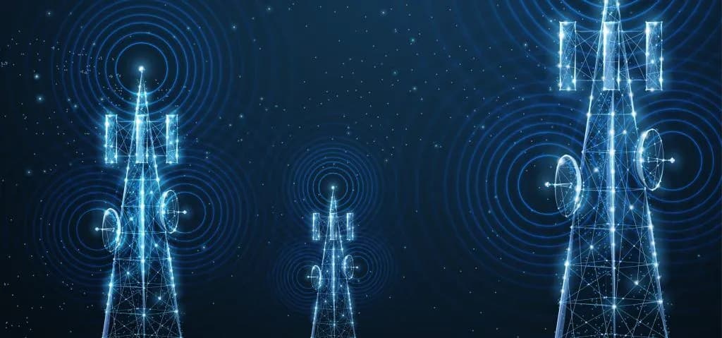 Three glowing blue wireframe towers emitting concentric signal waves against a dark, starry background.